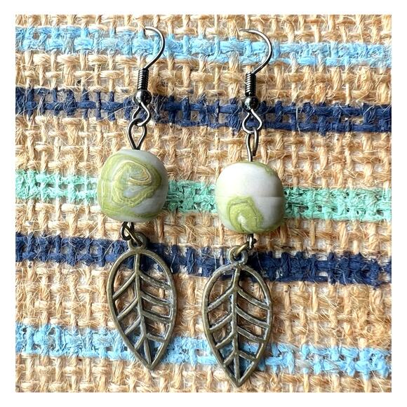 Artisan Brass Leaf with Green Swirl Clay Bead Dangle Earrings 2.5" Long - Picture 2 of 4